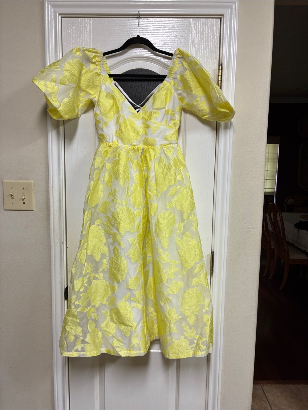 Yellow Floral Puff-Sleeve Midi Dress